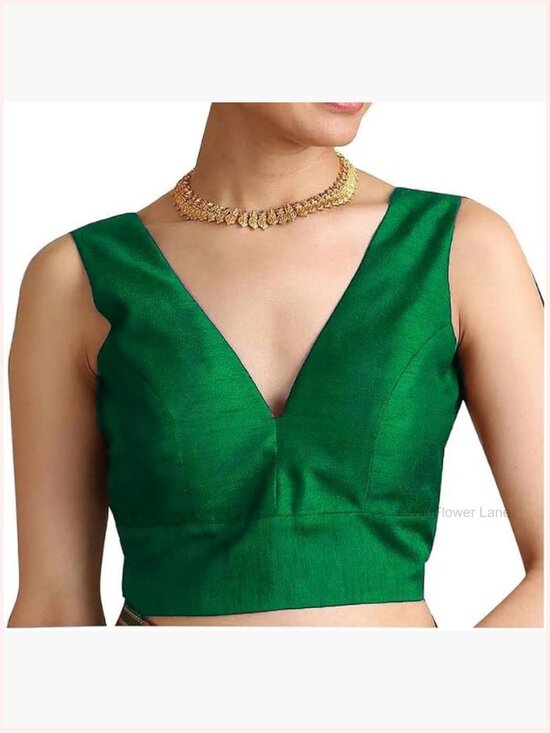 Tops - Dupion V-Neck Sleeveless Blouse with Hook & Eye Closure for Saree